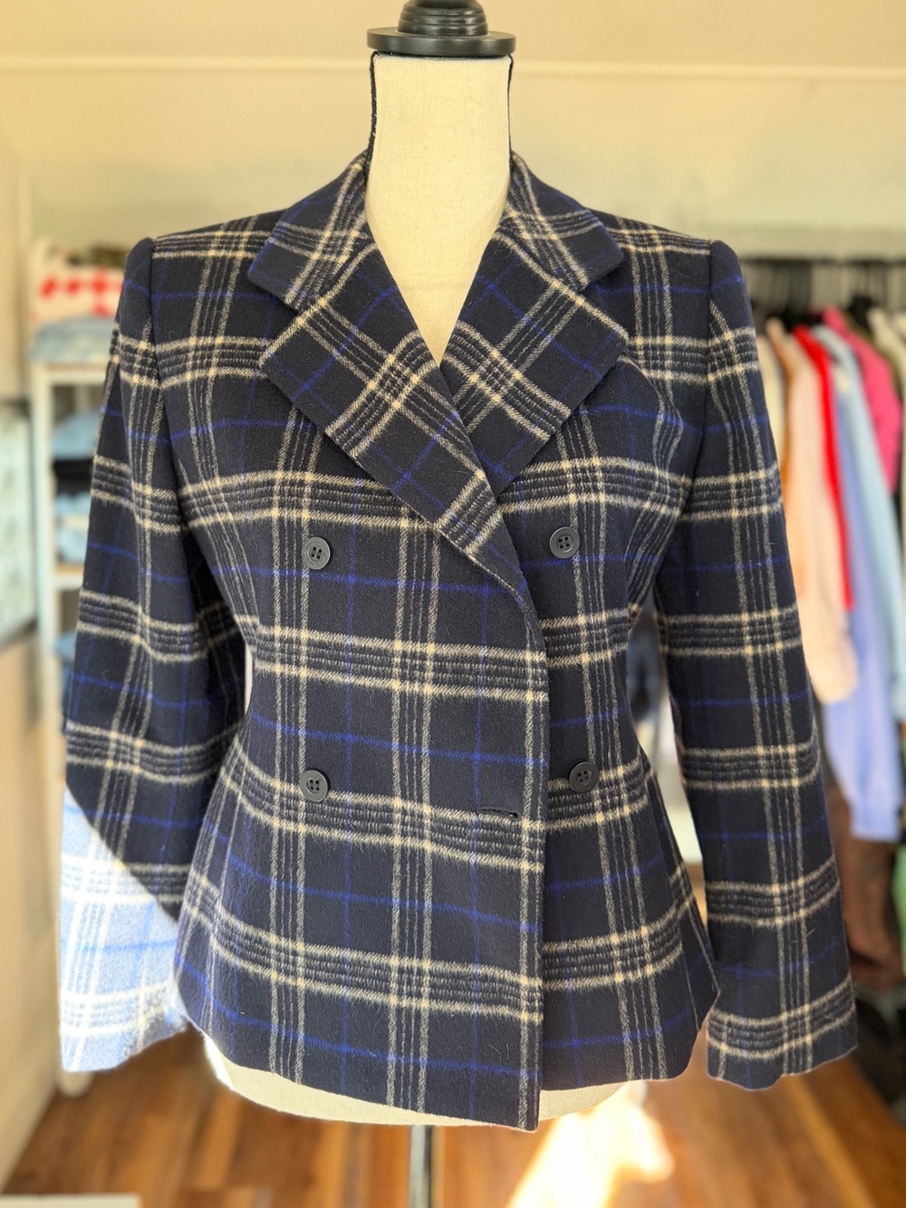 Jones New York Navy & Gray Plaid Double-Breasted Blazer Jacket 100% Wool